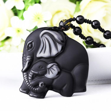 Handcarved Obsidian Mother Baby Elephant Pendant Necklace